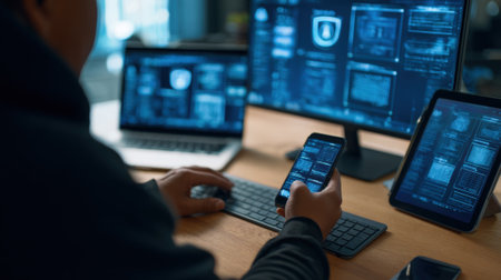 Cybersecurity professional conducting phishing simulation exercises using multiple devices to enhance organizational email security.の素材