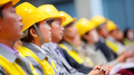 Industrial workers attending a safety seminar focused on hazardous waste handling and disposal procedures in a factory setting.の素材
