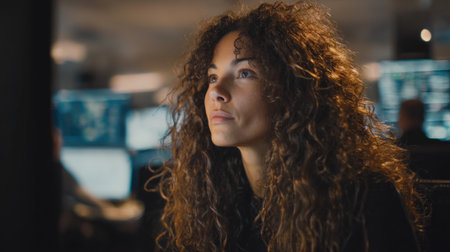 Medium shot of a fraud detection team member using AI software to monitor suspicious activities within online financial systems for potential scams.の素材