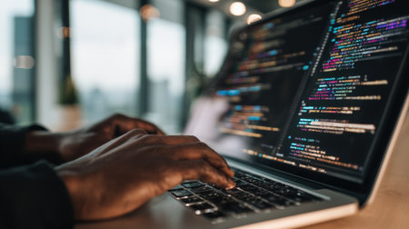 Closeup medium shot of a data scientist adjusting algorithm parameters focused on interestbased targeting while coding on a laptop in a tech workspace.の素材
