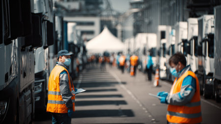 Medium shot showing checkpoint staff inspecting vehicles entering a large expo highlighting organized safety protocols.の素材