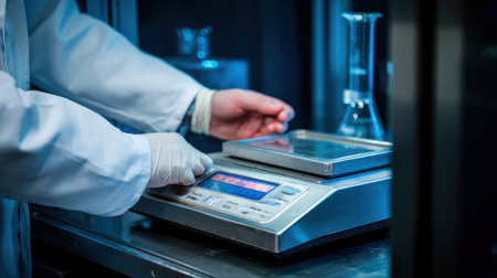 Technician adjusting a digital scale in a chemical laboratory to maintain precise measurements for experimental consistencyの素材