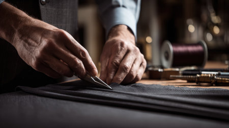 Tailor carefully hems the bottom of a pair of pants using precision tools to achieve a clean and professional finish in an inhouse garment alteration setting.の素材