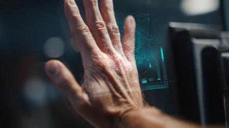 Medium shot focusing on a hand pressed against a palm scanner highlighting innovative palm vein authentication for enhanced building entry security.の素材
