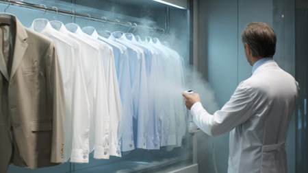 Image of a professional applying steam treatment to freshly sewn apparel highlighting garment care in the finishing process.の素材