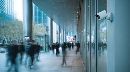 Medium shot capturing motion sensors mounted on a building exterior with a security team monitoring alerts on screens indoors.の素材