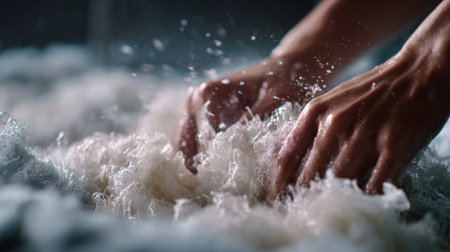 Closeup medium frame capturing hands softly agitating a synthetic fabric in water demonstrating careful cleaning of delicate manmade fibers including polyester and acrylate.の素材