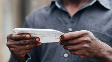 Closeup medium shot of hands flipping through multipage bilingual mailers highlighting clear sidebyside translations for targeted outreach in two languages.の素材