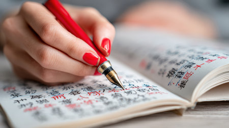 Medium shot of translator comparing bilingual texts side by side showcasing attention to detail in translating between languages across different document typesの素材