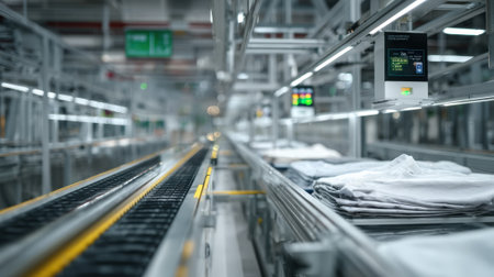 Medium shot of automated garment sorting system scanning RFID tags to organize clothes for different cleaning processes in a hightech laundry facility.の素材