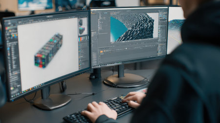 Medium shot showcasing a professional using AIpowered rendering tools to transform 3D models into photorealistic visuals on a highresolution monitor.の素材