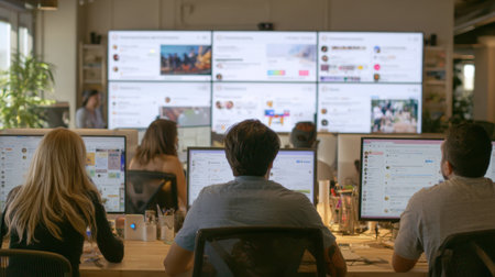 Medium shot of a marketing team reviewing social media posts on multiple screens to gauge public sentiment toward a brand.の素材