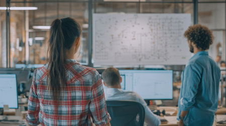 Medium shot of office workers analyzing space utilization charts to optimize desk and meeting room layouts for improved workflow and collaboration.の素材