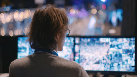 Medium shot showing an election official reviewing encrypted blockchain data on a monitor emphasizing security in voting systems.の素材