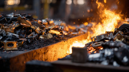 Medium shot of metal scraps being fed into a furnace preparing recyclables for melting and reuseの素材