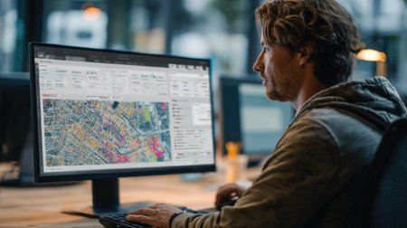 Medium shot of an urban planner interacting with a digital map analyzing AIgenerated land value predictions for optimal city development.の素材