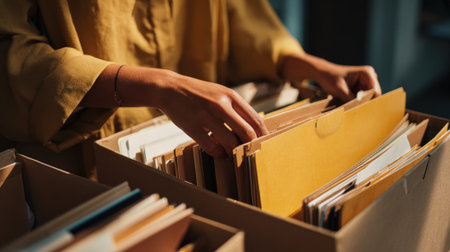 Medium shot of a person organizing folders made from sustainable materials showcasing commitment to ecofriendly corporate record keeping.の素材