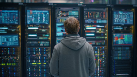 Medium shot of AIpowered predictive security software analyzing complex databases for potential cyber threats in a hightech environment.の素材