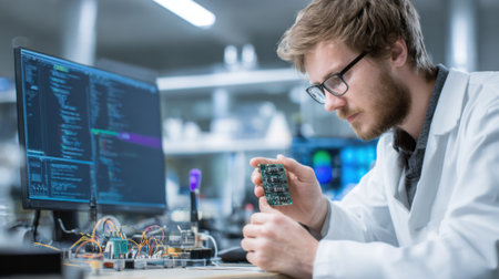 Developer testing code on IoT sensor module in lab setting highlighting custom programming for smart environment functionality.の素材