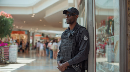 Dedicated guard stationed at the entrance of a busy mall scanning the area with focus to prevent unauthorized access and enhance public safety.の素材