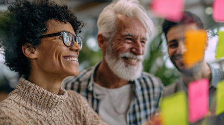 Young and older professionals engaging in a creative brainstorming session showcasing age diversity in workplace recruitment.の素材