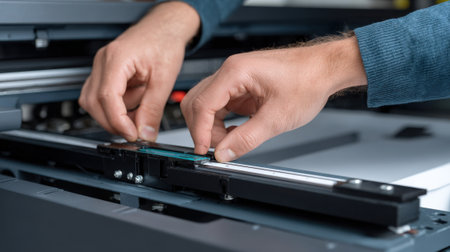Closeup of hands installing a new belt on a standalone laser printer highlighting maintenance process to improve printer efficiency and extend device lifespan.の素材