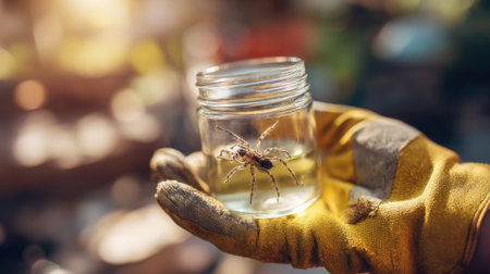 Medium shot of a person wearing gloves carefully capturing a spider in a glass jar to safely relocate it outdoors.の素材