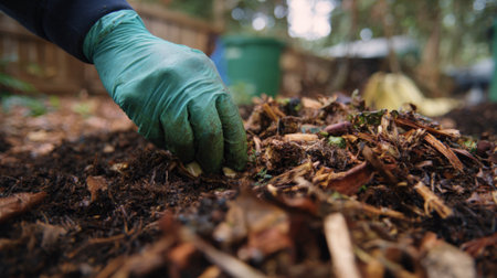 Closeup medium shot of bioenzymes being applied to a compost heap enhancing natural decomposition in a sustainable settingの素材