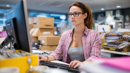 Midrange view of a focused administrative assistant entering data into a computer system surrounded by office supplies and files.の素材