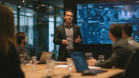 Medium shot of a focused professional presenting data visualizations during a meeting facilitating strategic discussions with clear graphical insights.の素材