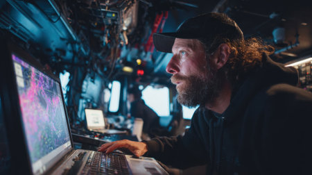 Scientist operating a hightech acoustic device aboard a vessel in the deep ocean analyzing sound wave data to explore underwater terrain in a medium shot.の素材