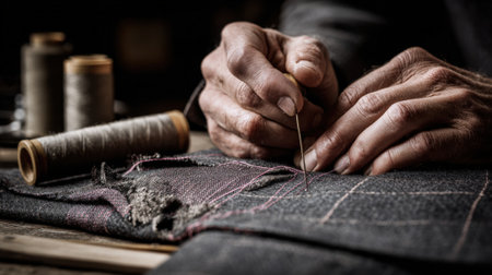 Hands expertly patch a torn area on a jacket with matching fabric highlighting the process of garment repair and restoration in a tailoring workshop.の素材