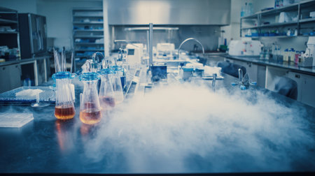Industrial medium shot of steam heat sanitization in a laboratory setting demonstrating the use of high temperatures to disinfect tools and maintain safety.の素材
