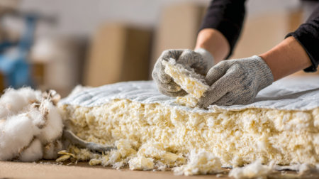 Ecofriendly mattress recycling process capturing hands separating materials from discarded mattresses emphasizing sustainable waste reduction and environmental care.の素材