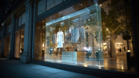 Medium shot of a modern retail window where augmented reality elements overlay on products viewed through a transparent screen.の素材