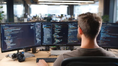 Developer working on dualmonitor setup refactoring legacy code to enhance software performance and integrate modern architecture smoothly.の素材