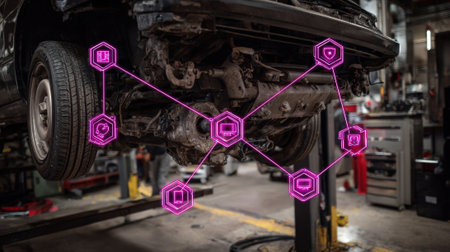 Closeup on data flow visualization within an autorepair system analyzing and restoring disrupted network segments efficiently.の素材
