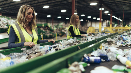 Medium shot of employees sorting recyclable materials in a closedloop production system to minimize waste and environmental impact.の素材