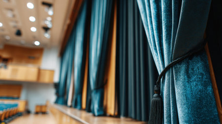 Closeup medium shot of heavy curtains drawn in a lecture hall softening ambient noise and enhancing speech intelligibility during presentations.の素材