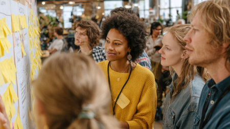 Medium shot of a diverse group engaging in an interactive workshop crafting detailed customer profiles with postit notes and charts in a bright creative space.の素材