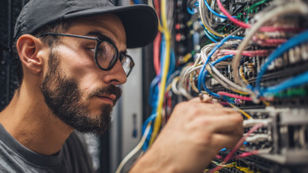 Professional managing network cables and power connections behind multiple servers during dedicated server installation.の素材