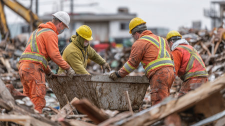 Medium shot of workers segregating construction waste during demolition focusing on separating hazardous debris in a cluttered site environment.の素材