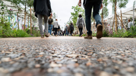 Medium shot of foot traffic on permeable gravel surface emphasizing natural infiltration and practical ecoconscious paving options in public spaces.の素材