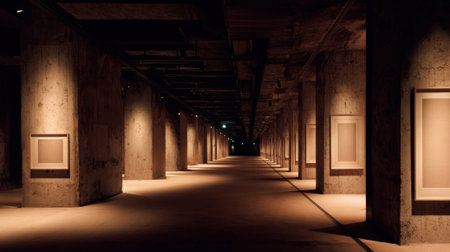 Medium shot of a minimalist art gallery with simple monochrome artwork and subdued lighting for a modern vibe.の素材