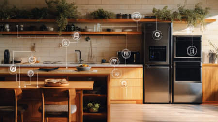 Medium shot of a kitchen area where IoT gadgets automate appliances providing convenience and efficient cooking experiencesの素材