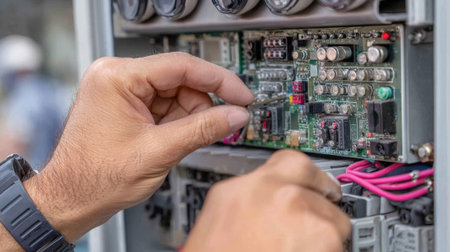 Technician performs routine CCTV maintenance indoors ensuring highresolution cameras and continuous recording operate flawlessly. Closeup on hands adjusting equipment.の素材