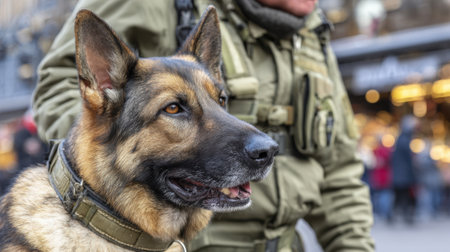 Medium shot of a narcotics detection dog alerting a handler during a security sweep highlighting teamwork and alertness in urban surroundings.の素材
