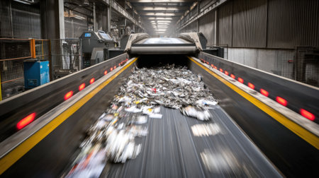AIenabled robotic machinery inspecting and picking metallic waste from a moving conveyor for efficient material recovery in automated waste managementの素材