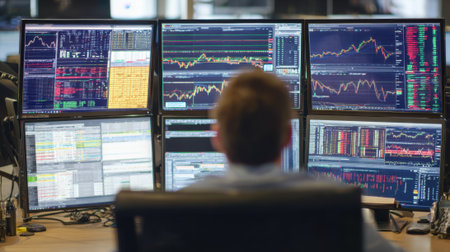 Financial expert reviewing economic data on multiple screens to assess market volatility and investment risks in corporate environment.の素材