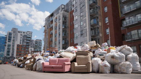 Medium shot capturing efficient collection of oversized waste including sofas and mattresses from a busy urban apartment complexの素材